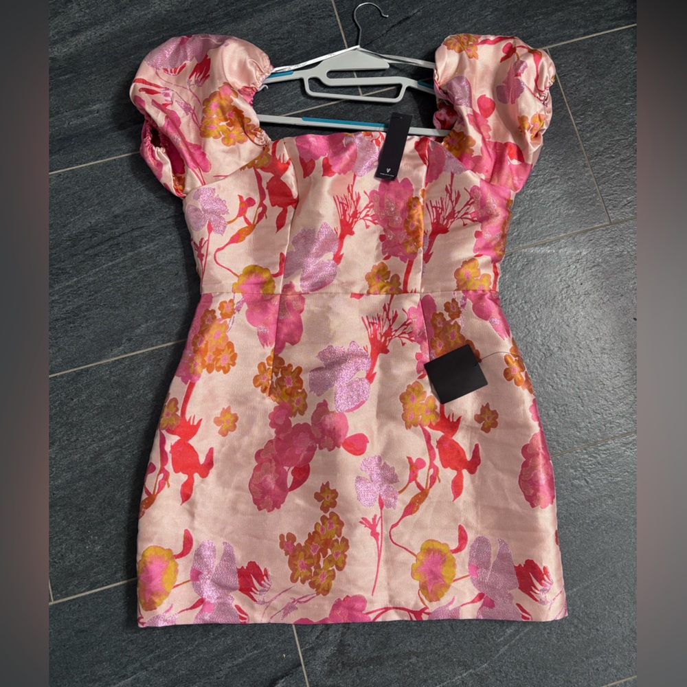 NWT Lulus So Stunning PINK Multi Floral Jacquard Puff Sleeve Mini Dress